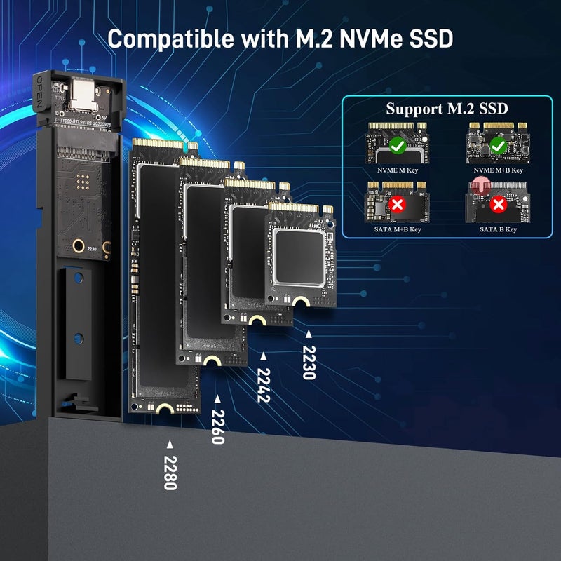 xiaobi M.2 NVMe SSD Enclosure, Tool-Free Installation, USB 3.2 Gen 2 (10 Gbps) to NVME M-Key/(B+M) Key PCIe NVMe Reader Support UASP and Trim, for SSDs 2230/2242 /2260/2280（Gery） - Image 3